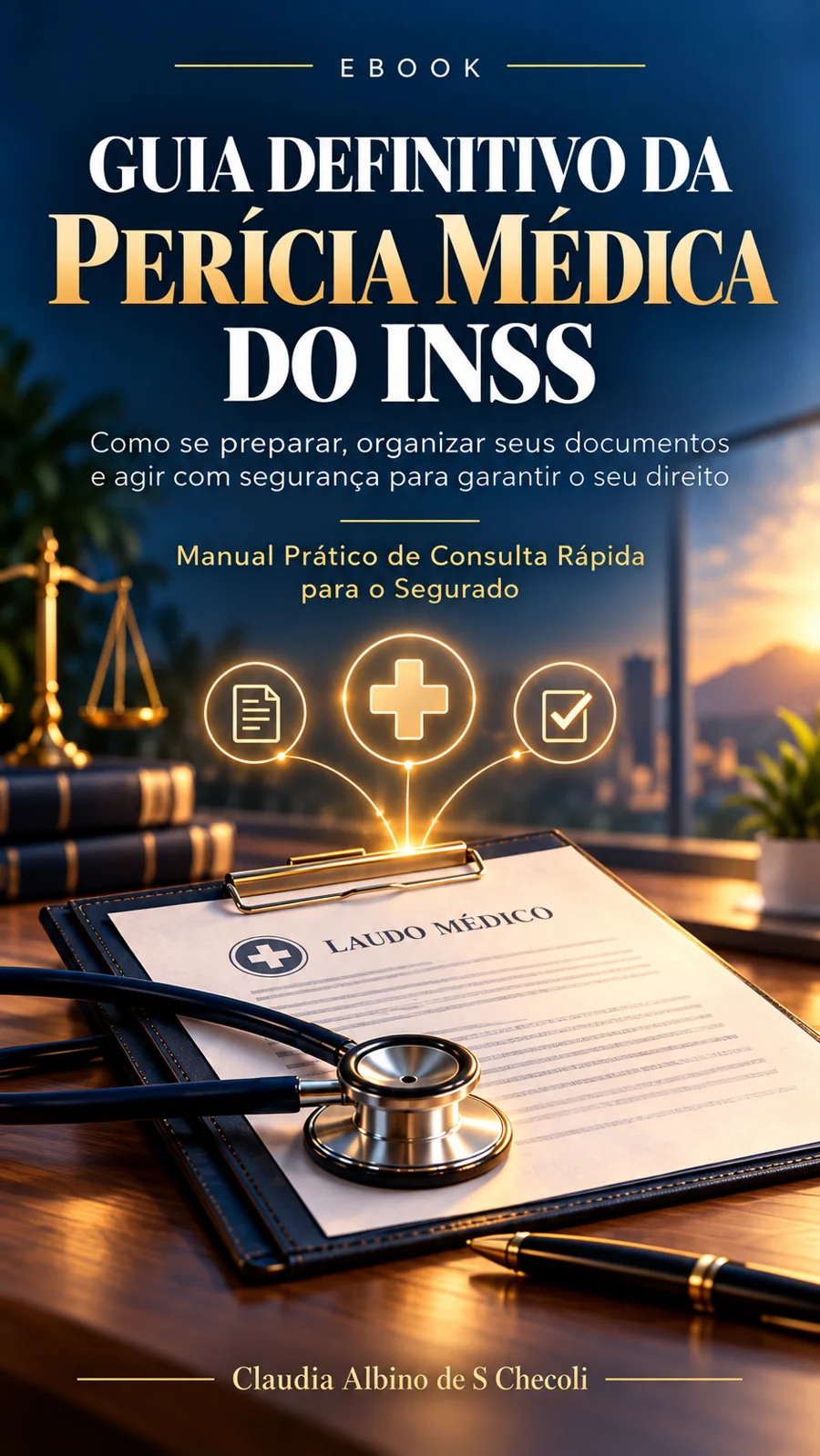 Detalhe da ilustração de documentos médicos na capa do guia