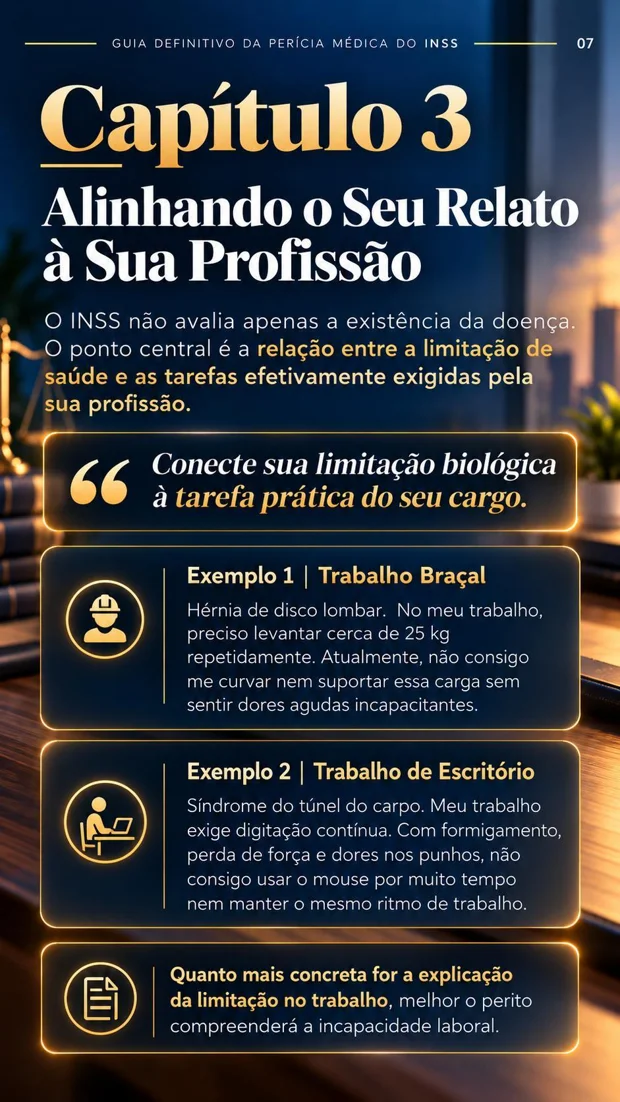 Página do ebook com exemplos da relação entre limitações de saúde e tarefas profissionais